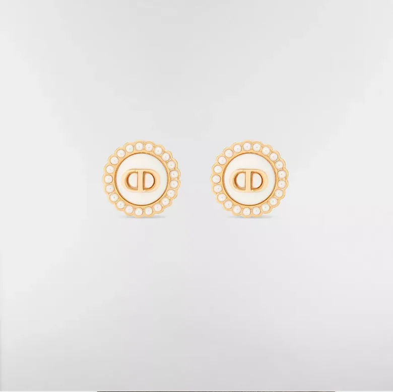 DIOR DIOR Petit CD Baroque Clip - On Stud Earrings Gold Metal White Resin Pearls and Latte Glass